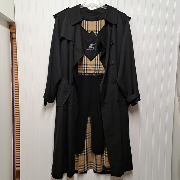 VTG Burberrys London Trench Coat Mens 42 Black House Check Removable Wool Liner - Picture 1 of 16